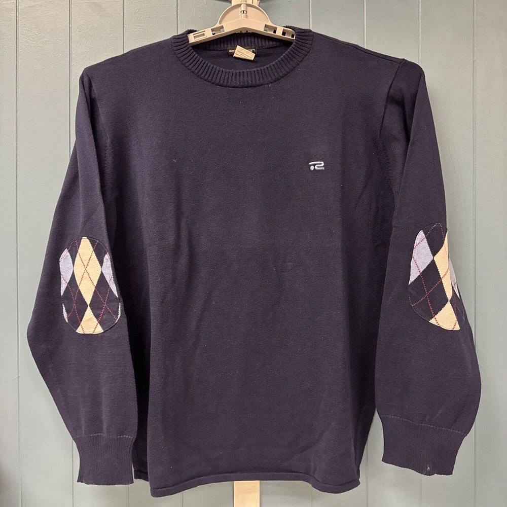 Vintage Rosasen Mens Cotton Navy Blue Sweater Argyle Size XL Made In Hong Kong
